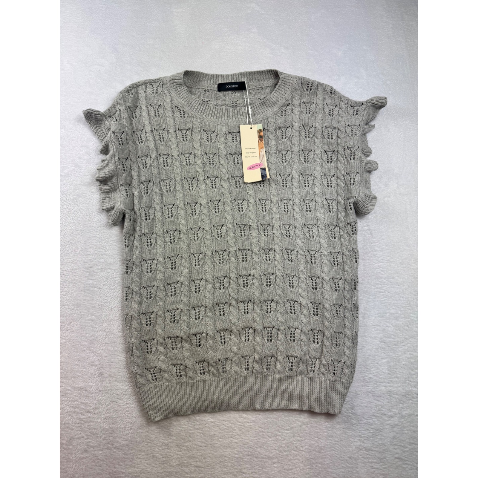 Women's Grey Cotton Cable Knit Ruffle Cap Sleeve Sweater Vest Top Coquette Med
